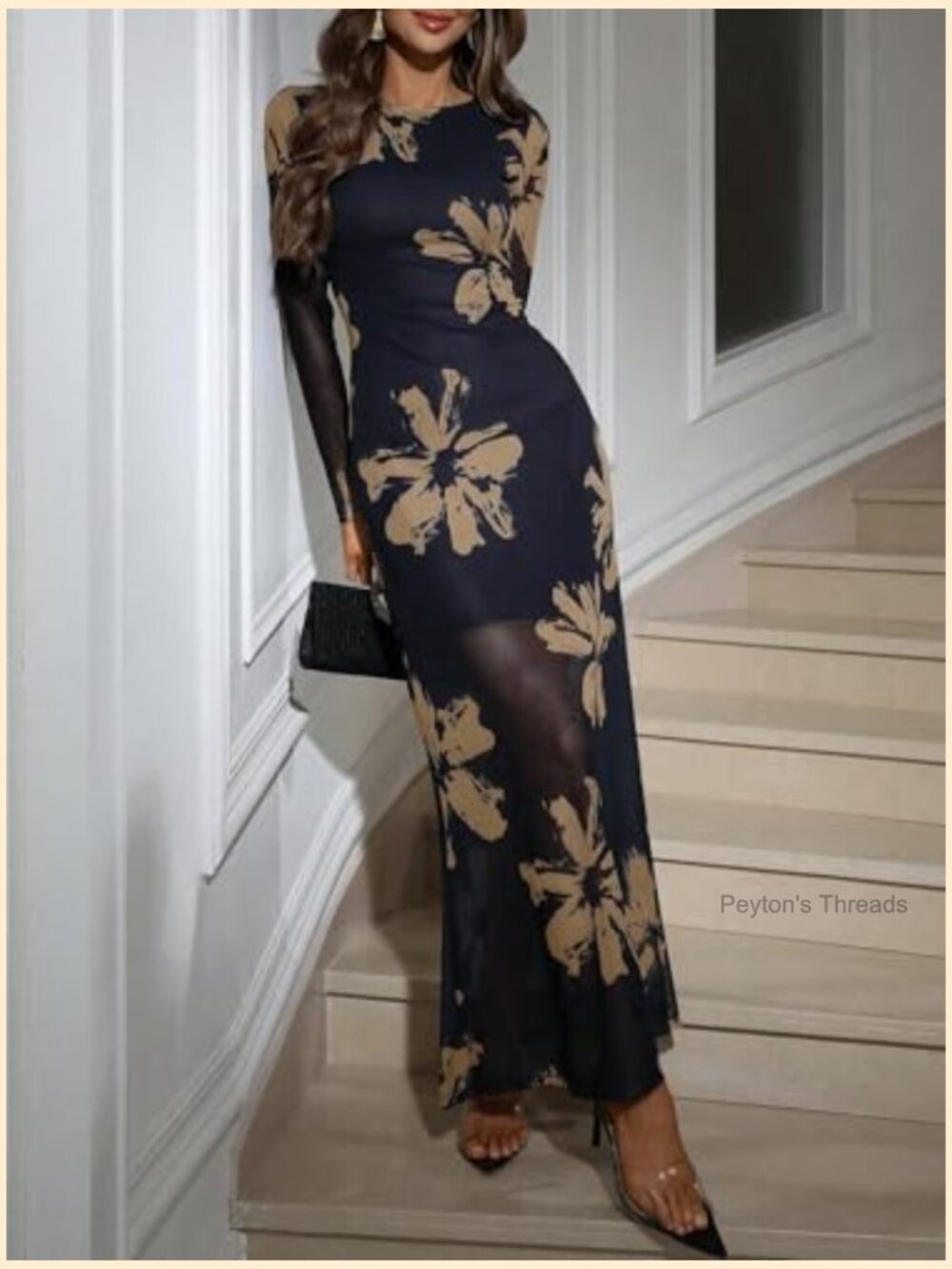 Floral Mesh Maxi Dress Elegant Formal Long Sleeve Wedding Guest Cocktail - Picture 4 of 5